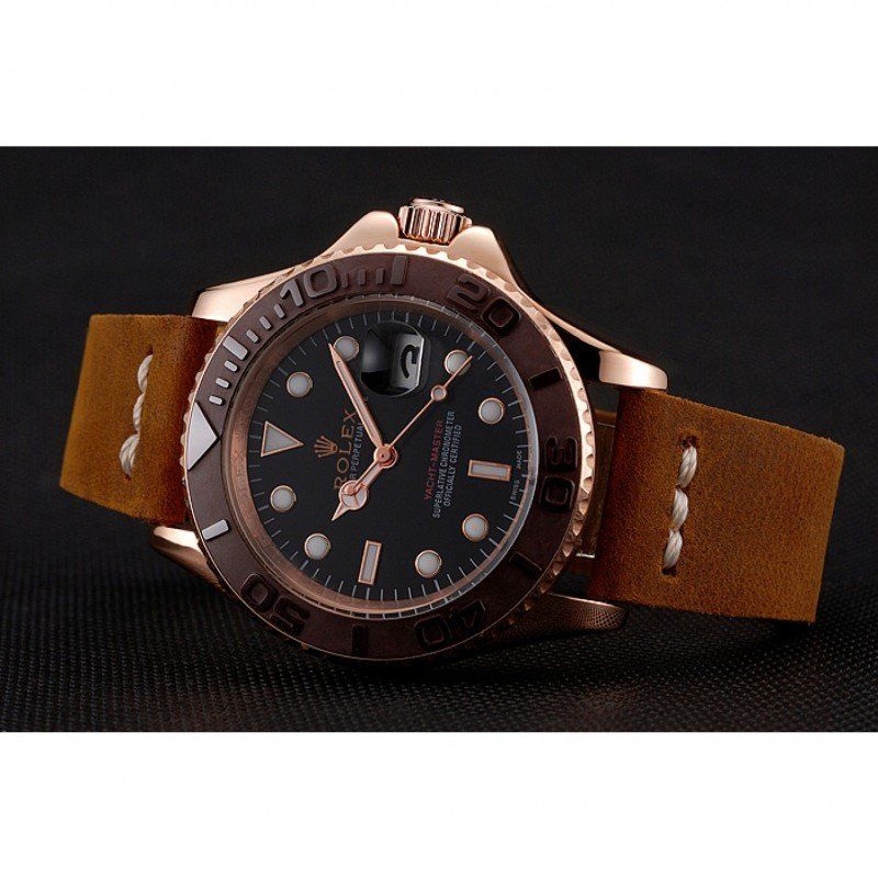 Rolex Yacht-Master Black Dial Brown Bezel Rose Gold Case Brown Leather Bracelet 1453860