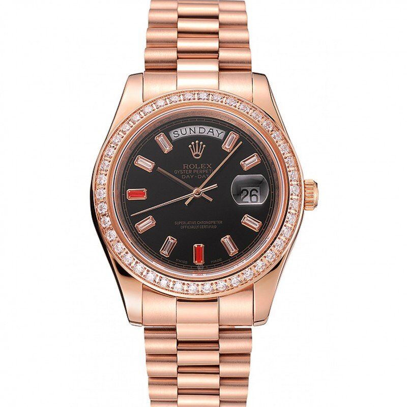 Swiss Rolex Day-Date Diamonds And Rubies Black Dial Rose Gold Bracelet 1454102